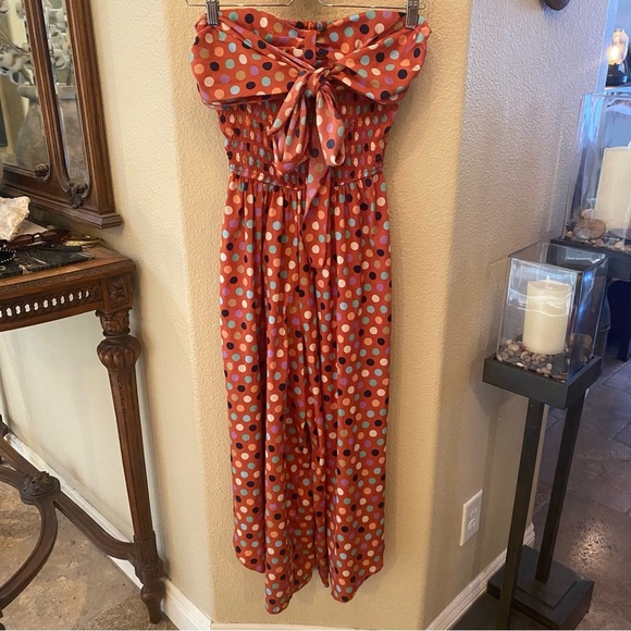 AMERICAN RAG Polka Dot Strapless Tie Front Wide Leg Baggy Jumpsuit Size Small - Picture 1 of 7